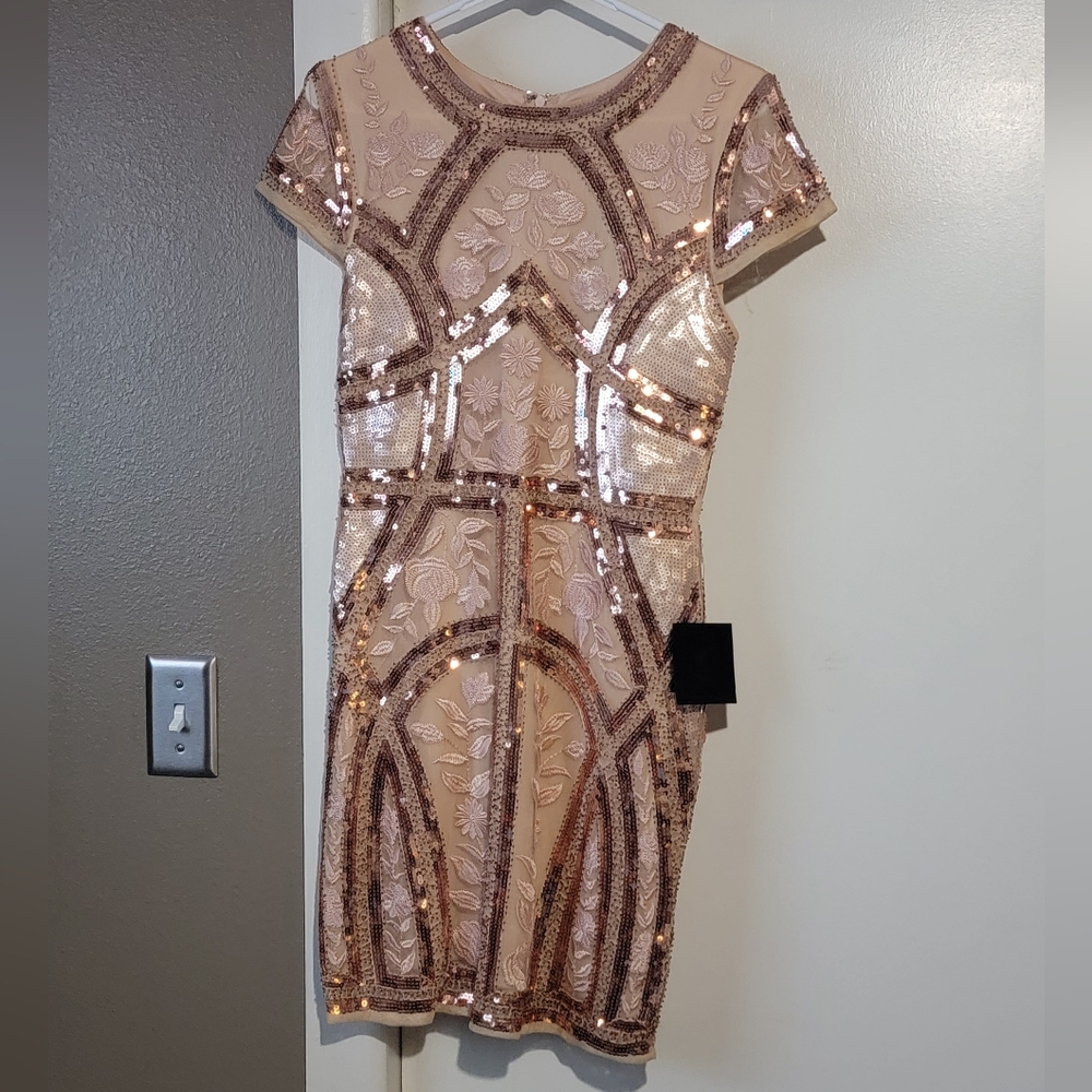 Lulu's Beige and Black Sequin Mini Dress